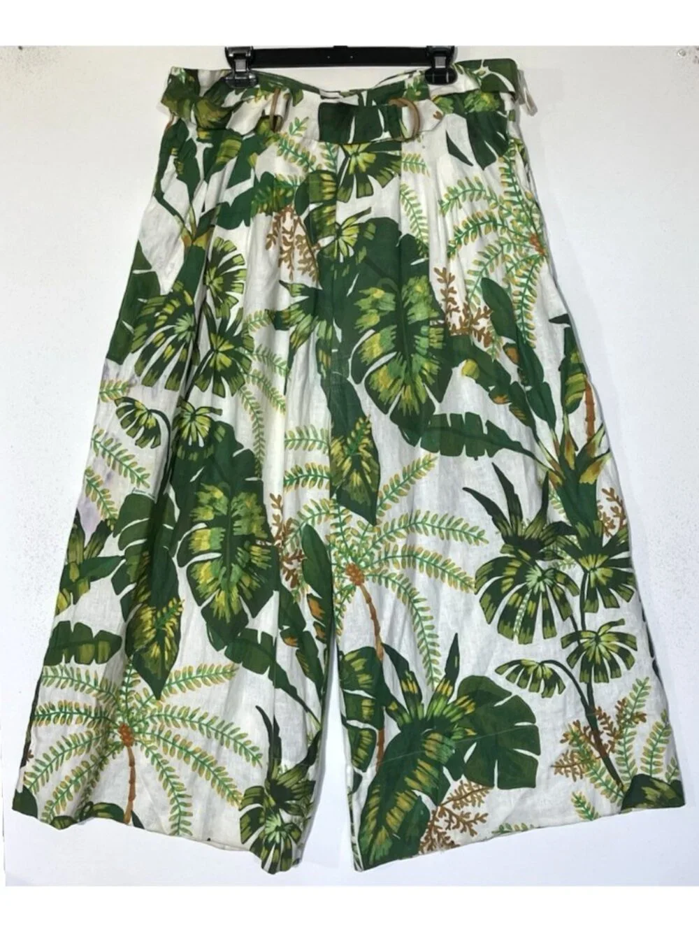 FARM RIO Tropical Forest 100% Linen Crop Top + Wide Pants 2 PC Set Suit